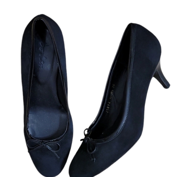 Boden Heels Black Suede Leather Kitten Heel Bow Tie Cushioned Footbed Round Toe - Picture 4 of 12